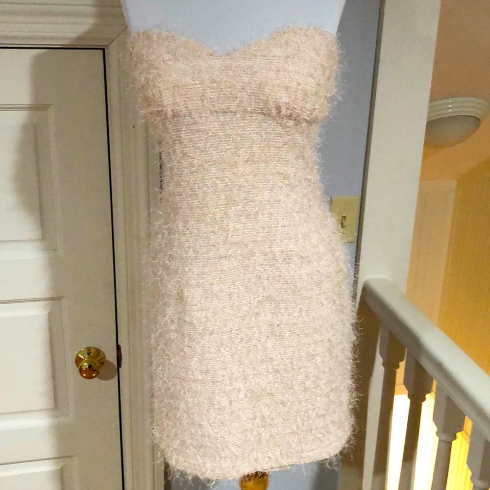 Mystic cream sparkle fringe strapless dress S